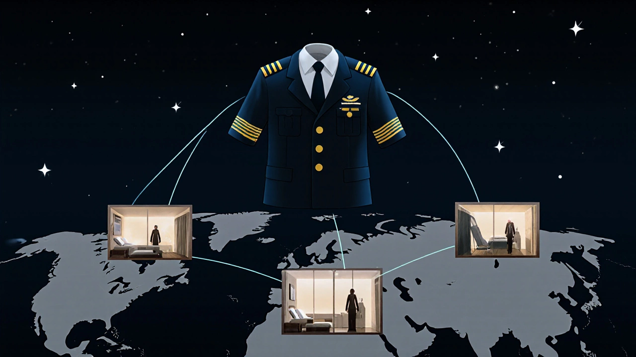 A pilot&#039;s uniform floats above global flight paths, connected to glowing hotel rooms.