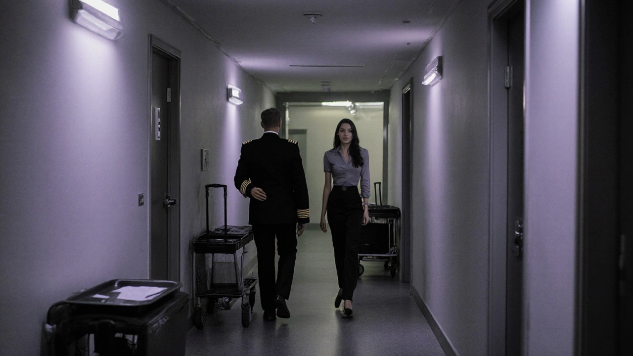 A pilot and companion pass in a quiet hotel corridor at dawn, no words exchanged.