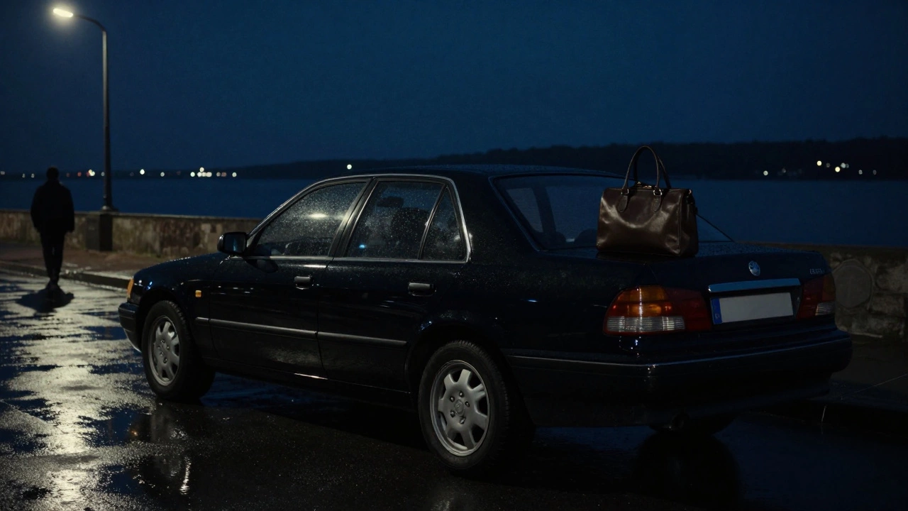 A black car parked by the Neva River at night, no plates visible, symbolizing anonymous departure and privacy.