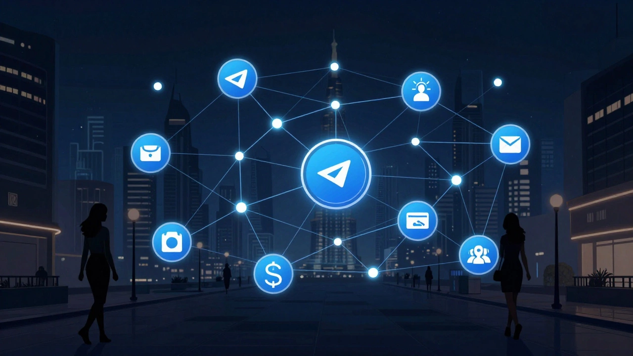 A conceptual map of encrypted apps and anonymous payments floating above Dubai’s skyline, representing hidden but safe sex work networks.