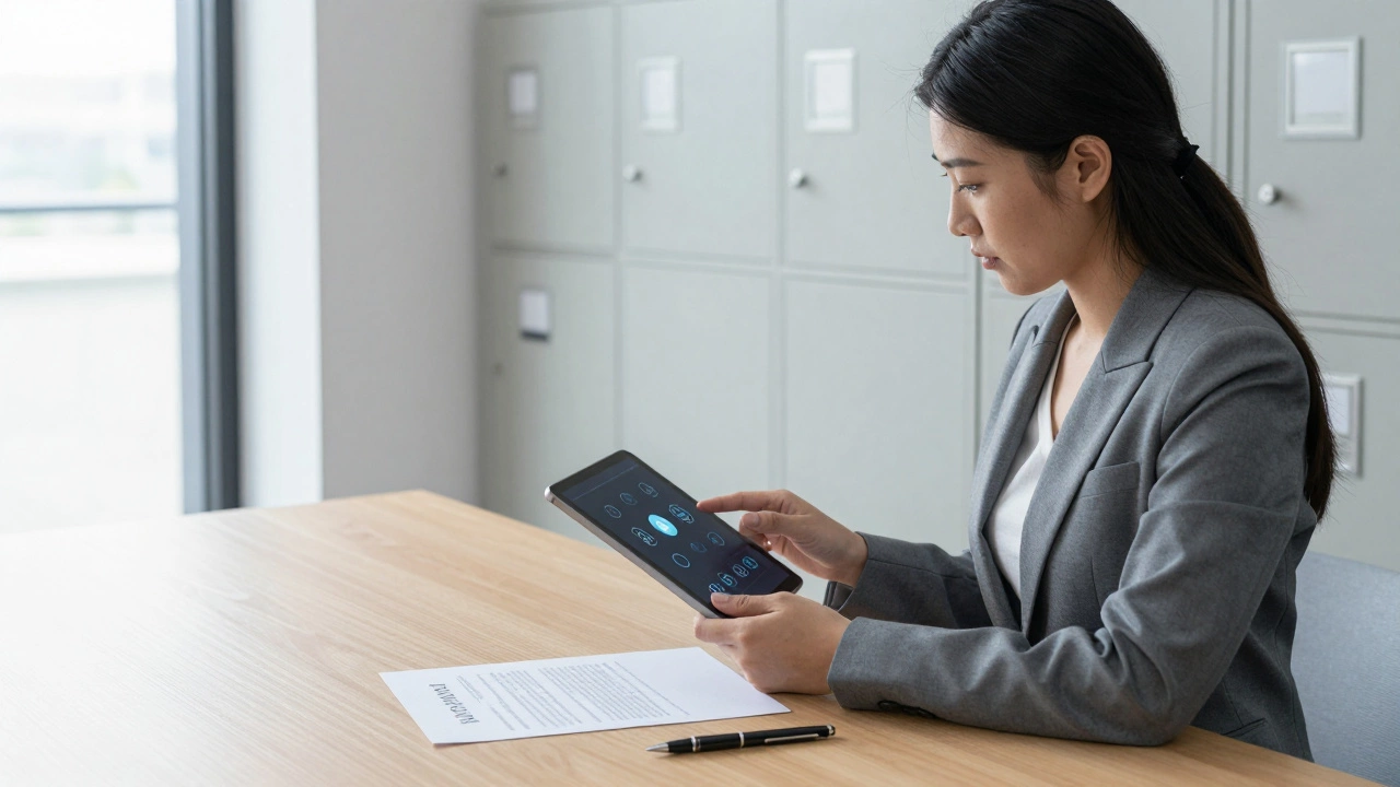 A professional reviewing encrypted documents in a minimalist office, emphasizing vetting and digital security.