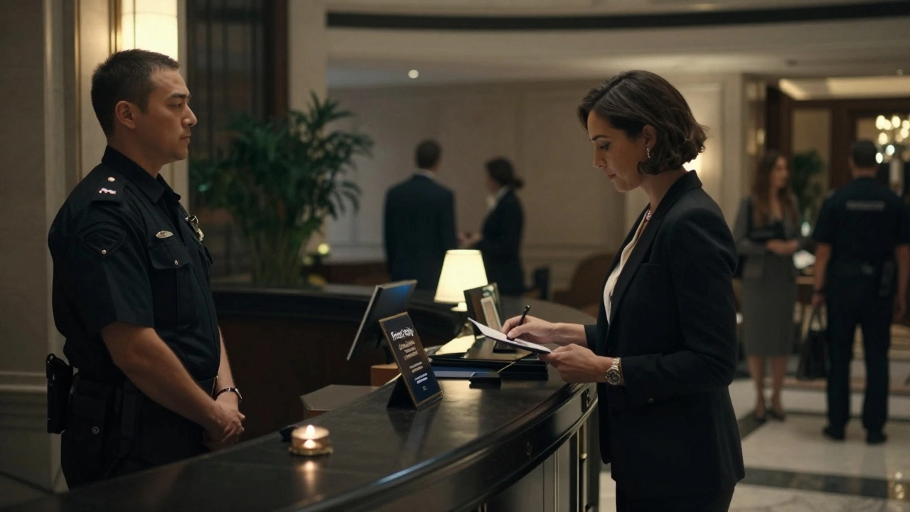 A woman checking into a luxury Dubai hotel at night, security guard offering quiet acknowledgment, no registration visible, atmosphere of discreet privacy.
