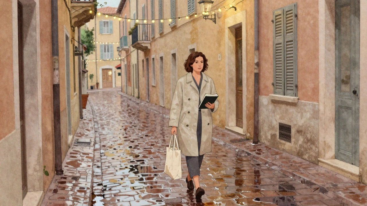 A woman walking thoughtfully through the historic streets of Nice’s Old Town at dusk, book in hand.