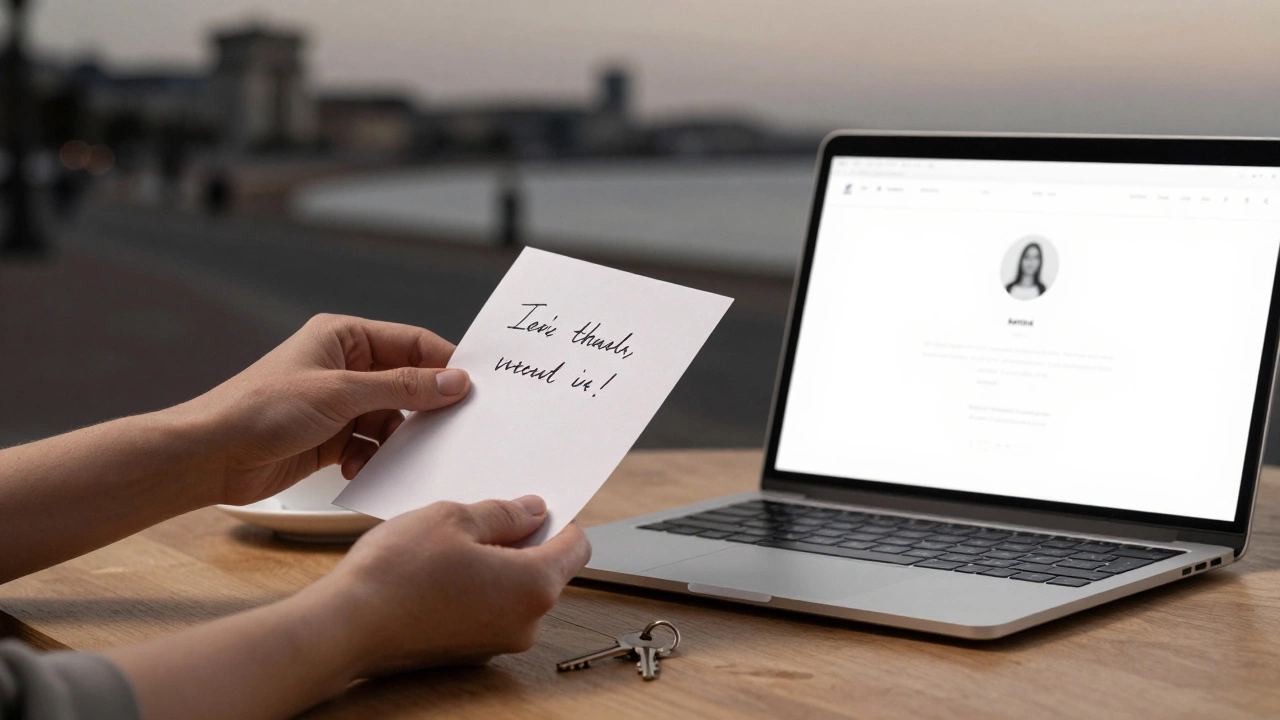 Hands exchanging a handwritten note and key on a wooden table, symbolizing trust and discretion.